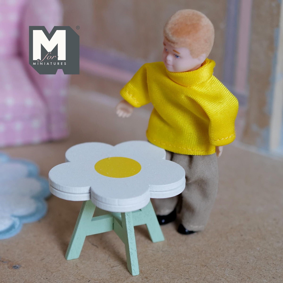 1:12 Scale Miniature Daisy Table Kit for Nursery or Playroom, 1-5/16 inch tall, Self-assemble DIY Dollhouse Supply (white and mint green)