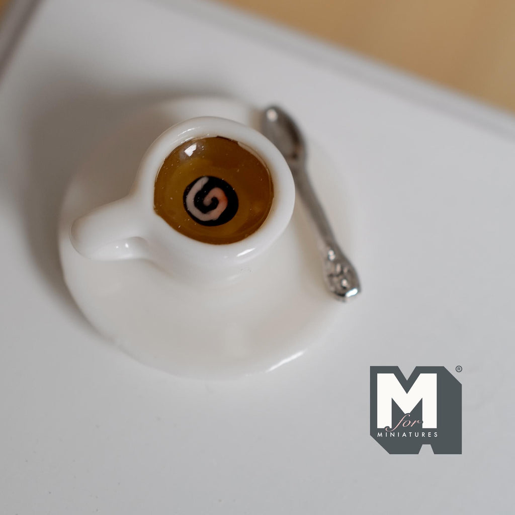 Miniature Cup of Espresso with Saucer and Spoon 1:12 Scale Diorama Beverage Coffee 1/2 inch tall (fixed set) - E079