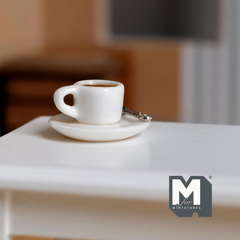 Miniature Cup of Espresso with Saucer and Spoon 1:12 Scale Diorama Beverage Coffee 1/2 inch tall (fixed set) - E079
