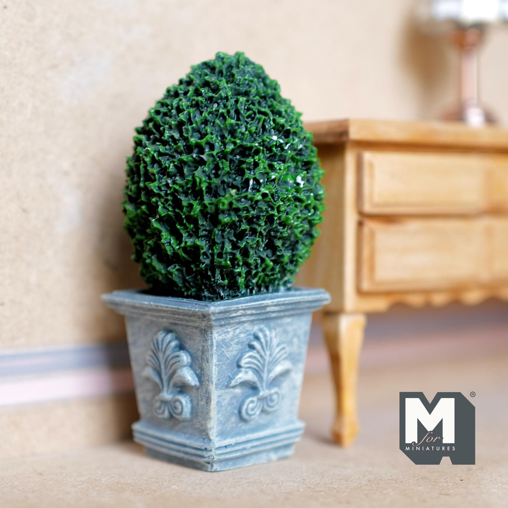 Miniature Oval Boxwood Topiary in Ornate Stone-Finish Planter 1:12 Scale Fairy Garden 3-9/16 inch tall (resin) - I048