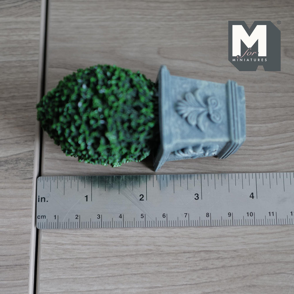 Miniature Oval Boxwood Topiary in Ornate Stone-Finish Planter 1:12 Scale Fairy Garden 3-9/16 inch tall (resin) - I048