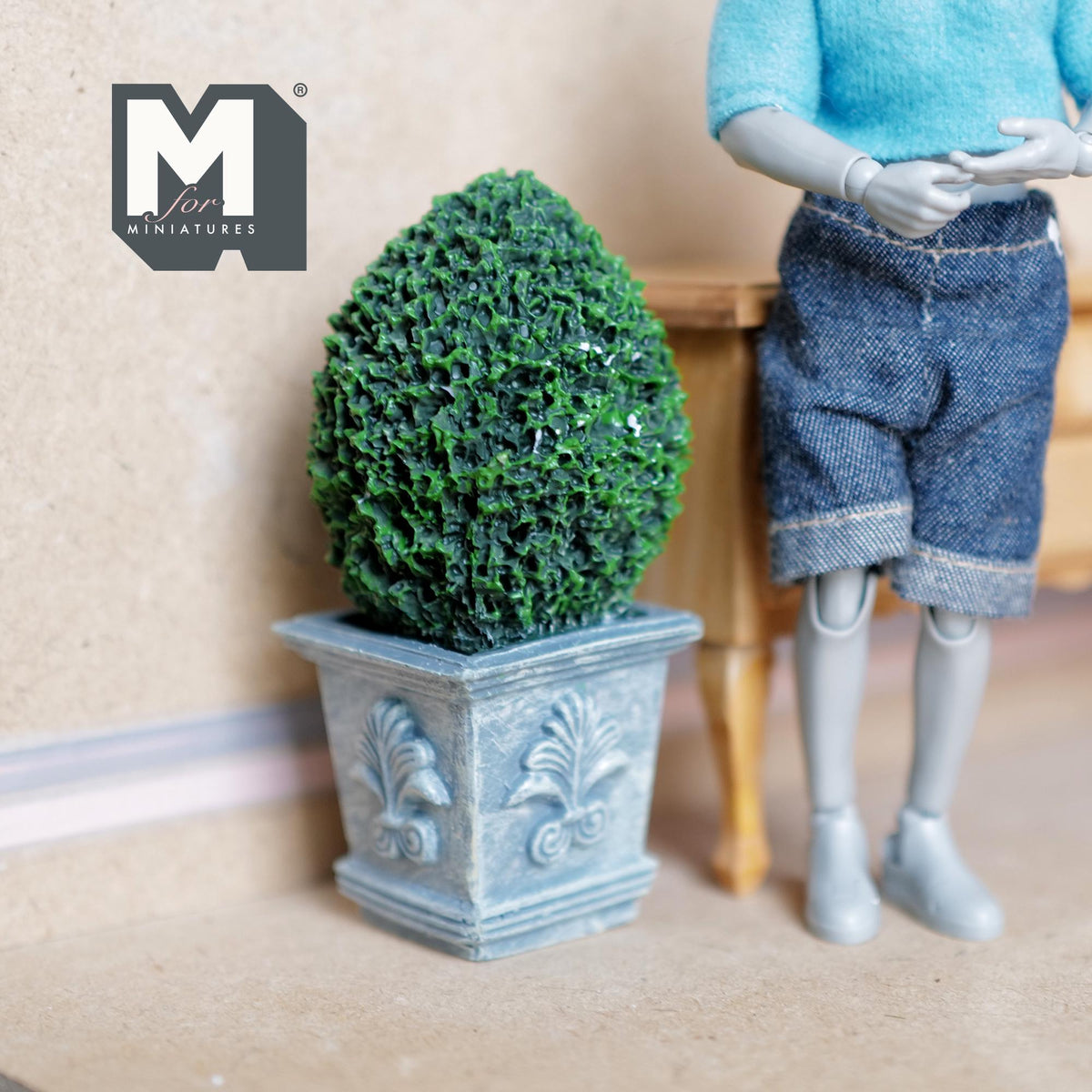 Miniature Oval Boxwood Topiary in Ornate Stone-Finish Planter 1:12 Scale Fairy Garden 3-9/16 inch tall (resin) - I048