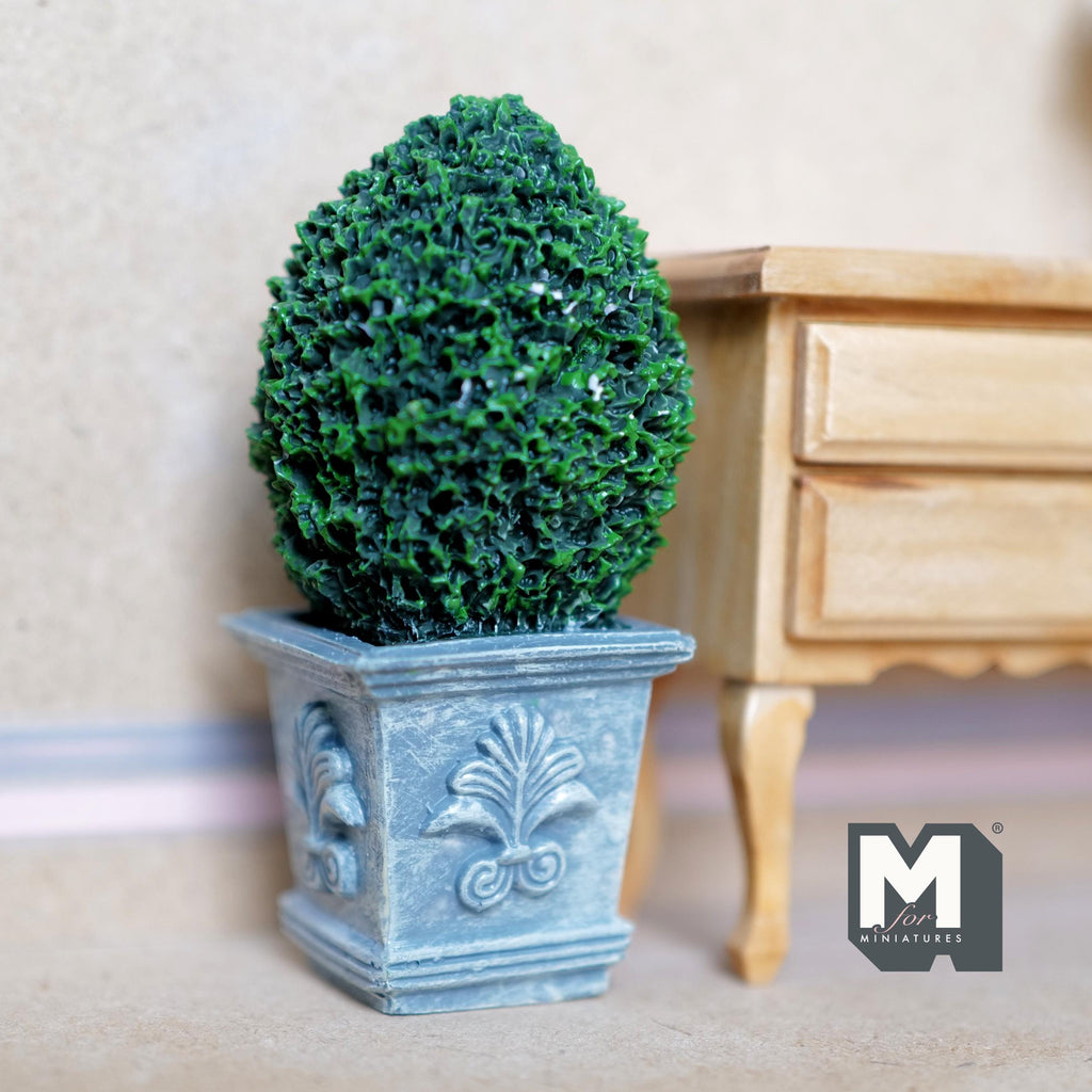 Miniature Oval Boxwood Topiary in Ornate Stone-Finish Planter 1:12 Scale Fairy Garden 3-9/16 inch tall (resin) - I048