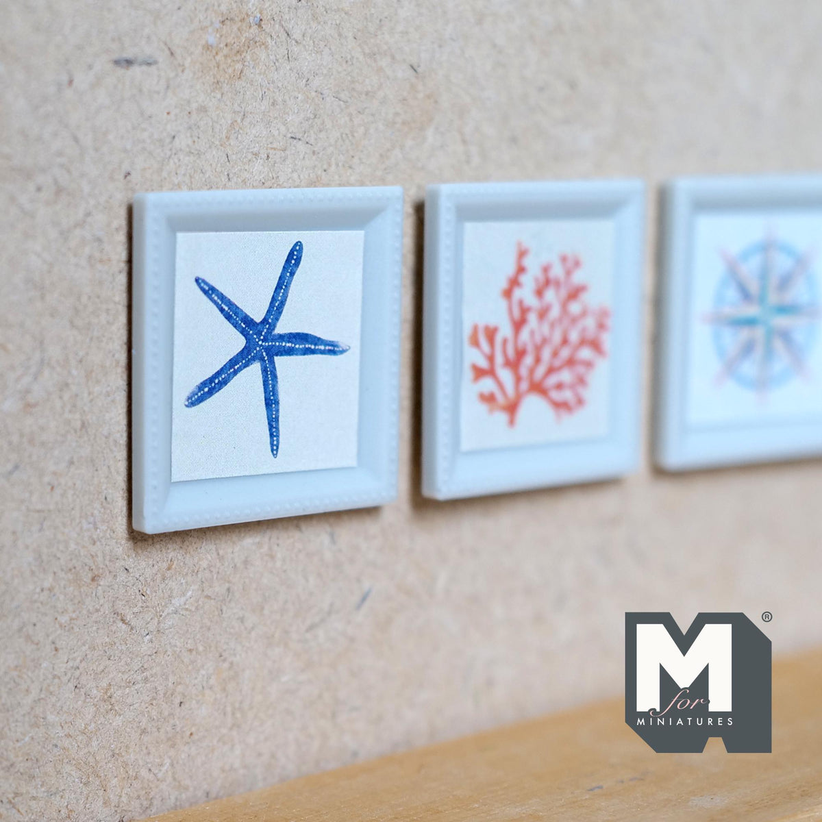Miniature Coastal Wall Art Set of 3, 1:12 Scale Dollhouse Decor Nautical Frames Starfish Coral and Compass 1-1/4 inch wide - F034