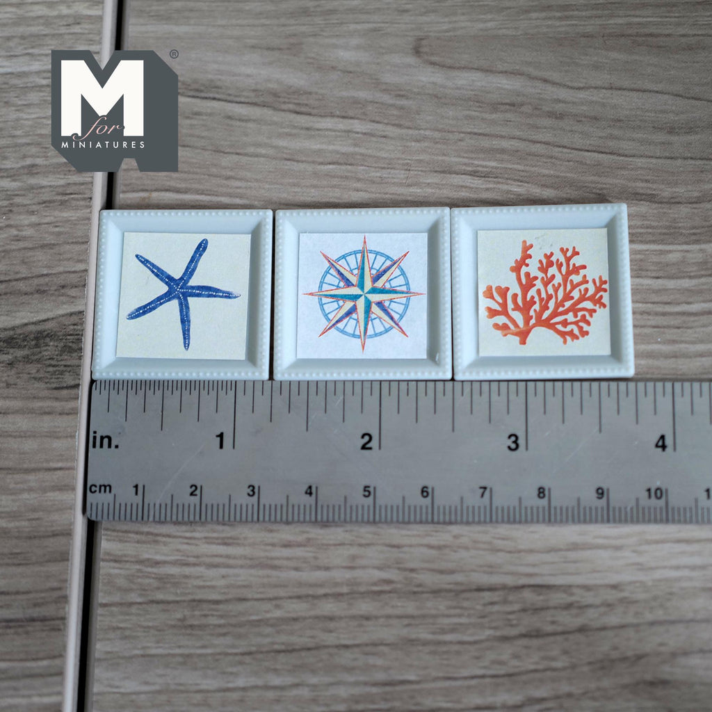 Miniature Coastal Wall Art Set of 3, 1:12 Scale Dollhouse Decor Nautical Frames Starfish Coral and Compass 1-1/4 inch wide - F034