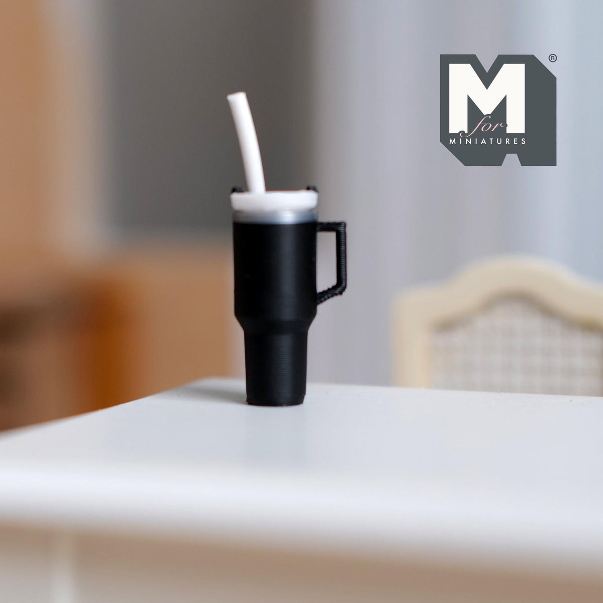 Miniature Tumbler with Straw 1:12 Scale Travel Mug with Handle Dollhouse Decor 7/8 inch tall (black) - E089