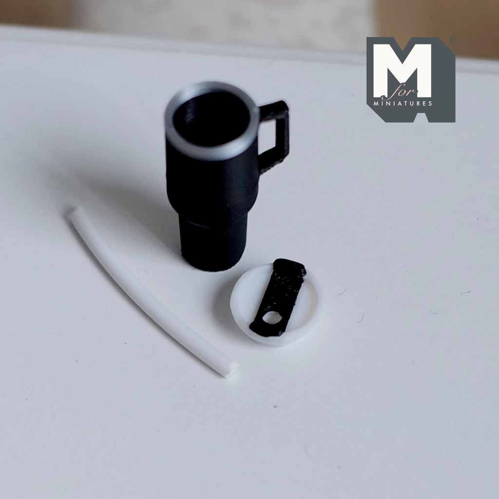 Miniature Tumbler with Straw 1:12 Scale Travel Mug with Handle Dollhouse Decor 7/8 inch tall (black) - E089