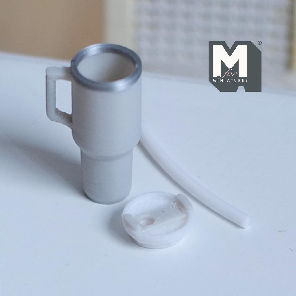 Miniature Tumbler with Straw 1:12 Scale Travel Mug with Handle Dollhouse Decor 7/8 inch tall (light gray) - E089