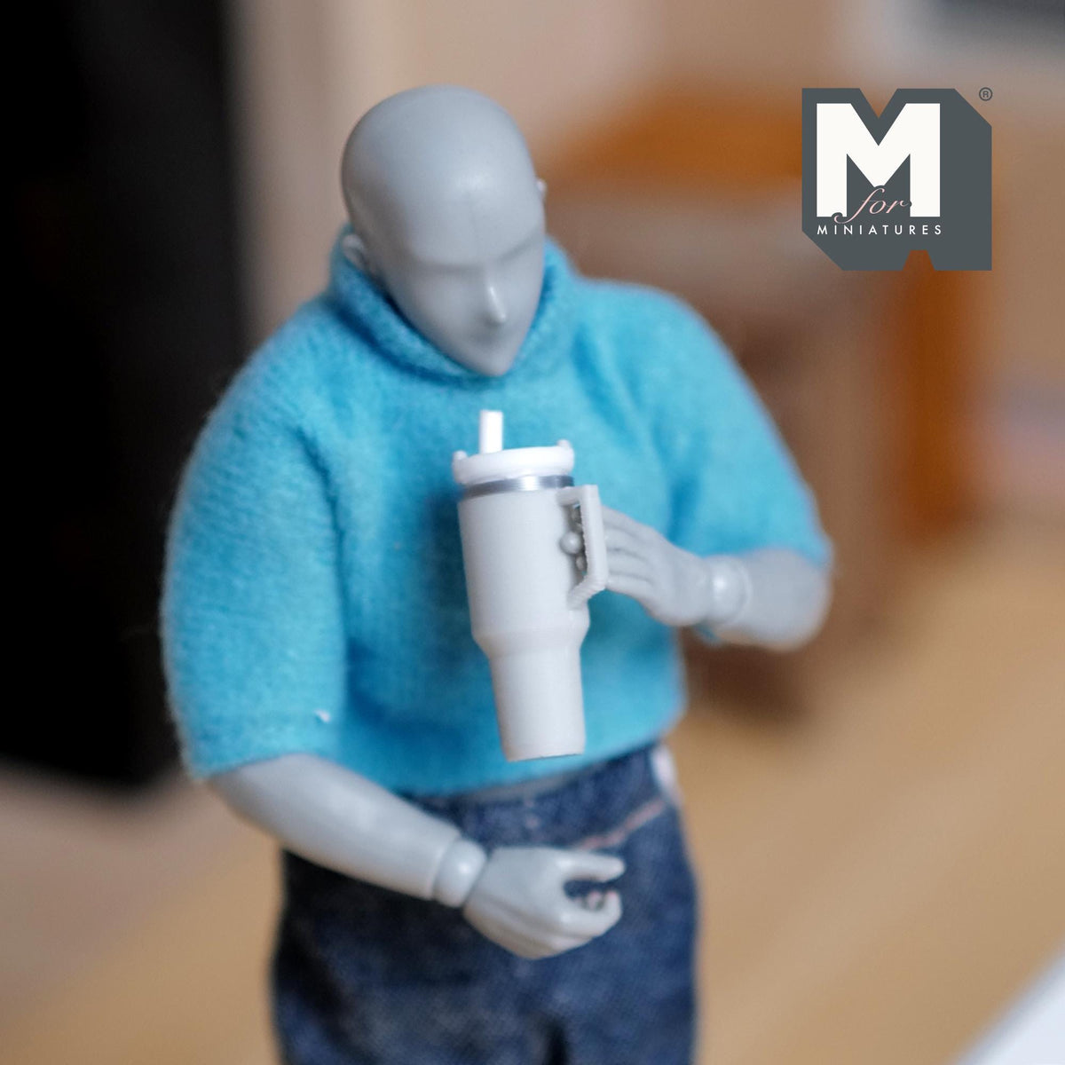 Miniature Tumbler with Straw 1:12 Scale Travel Mug with Handle Dollhouse Decor 7/8 inch tall (light gray) - E089