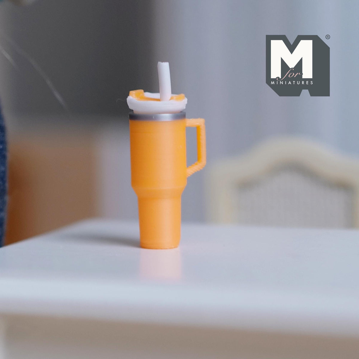 Miniature Tumbler with Straw 1:12 Scale Travel Mug with Handle Dollhouse Decor 7/8 inch tall (orange) - E089