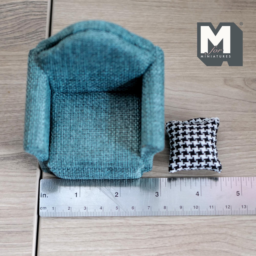 Miniature Armchair with Houndstooth Cushion 1:12 Scale Dollhouse Furniture Sofa 2-3/4 inch tall (blue) - K016
