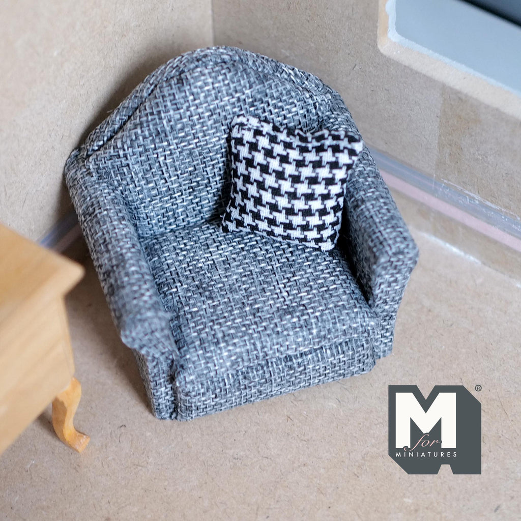 Miniature Armchair with Houndstooth Cushion 1:12 Scale Dollhouse Furniture Sofa 2-3/4 inch tall (gray) - K016