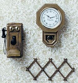 1:12 Scale Miniature Wall Clock, Telephone and Hat Rack Kit, 3 Pieces, DIY Dollhouse Supply