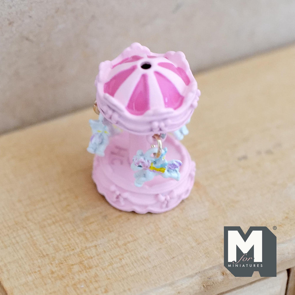 Miniature Carousel 1:12 Scale Dollhouse Decor Spinning Merry Go Round 1-1/8 inch tall (pink) (metal) - B051
