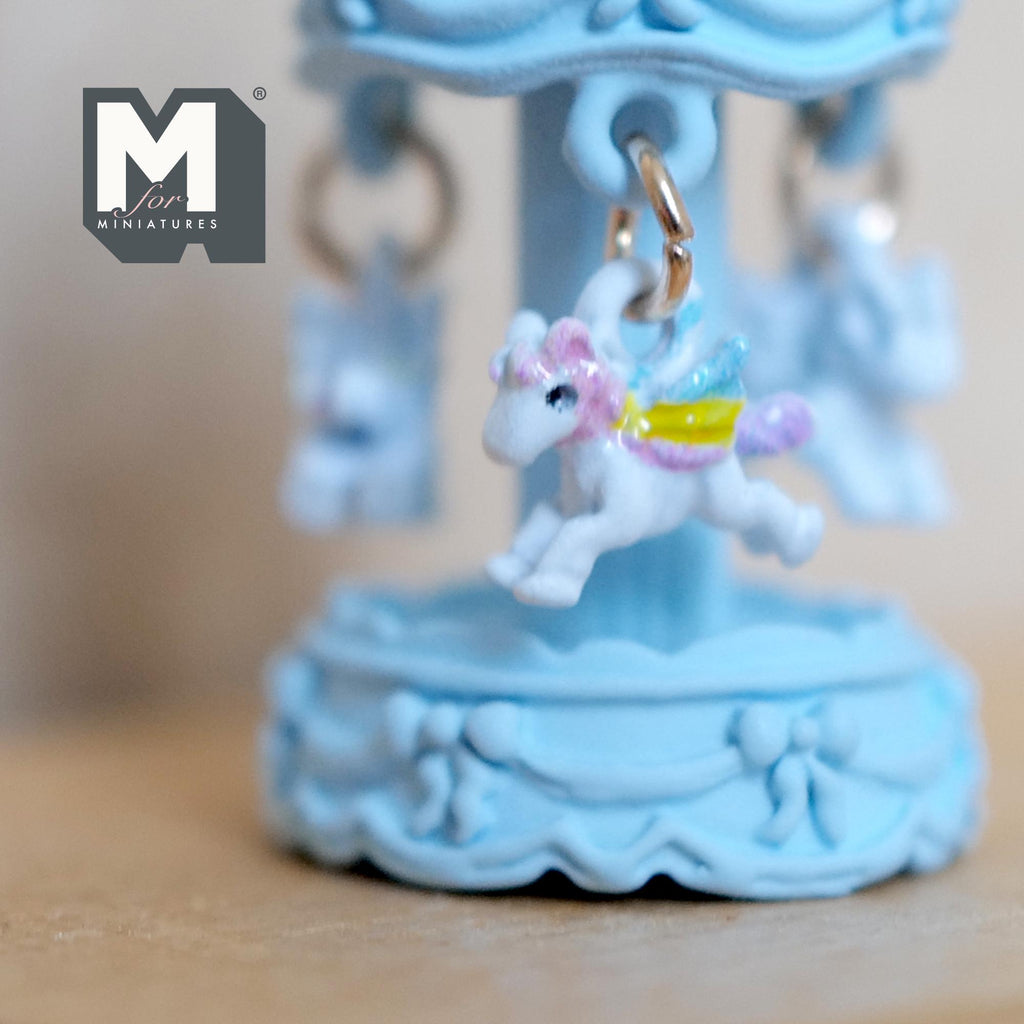Miniature Carousel 1:12 Scale Dollhouse Decor Spinning Merry Go Round 1-1/8 inch tall (light blue) (metal) - B051