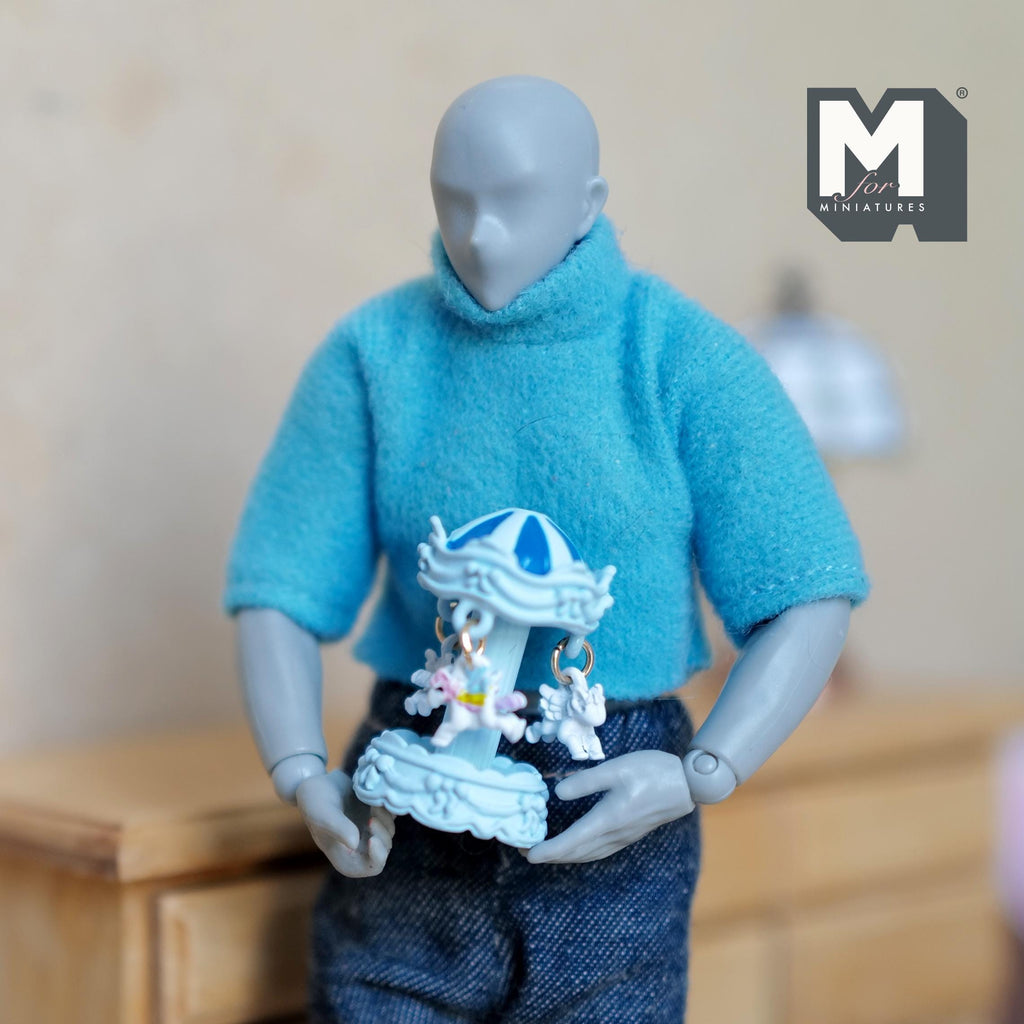 Miniature Carousel 1:12 Scale Dollhouse Decor Spinning Merry Go Round 1-1/8 inch tall (light blue) (metal) - B051