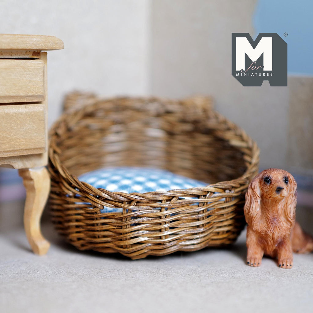 Miniature Wicker Pet Bed with Ears 1:12 Scale Dollhouse Basket Dog Bed Cat Bed 1-7/8 inch tall (brown) - b027