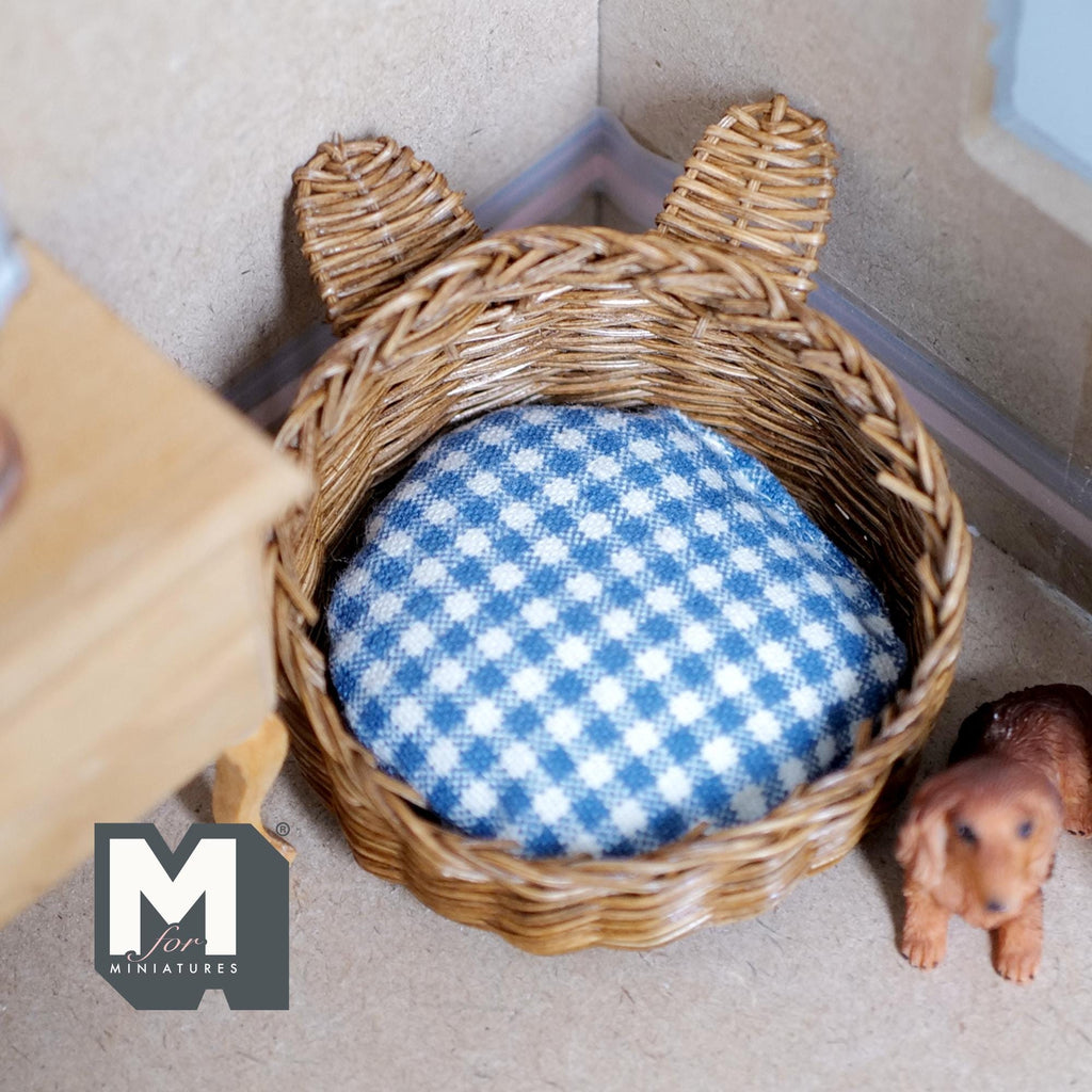 Miniature Wicker Pet Bed with Ears 1:12 Scale Dollhouse Basket Dog Bed Cat Bed 1-7/8 inch tall (brown) - b027