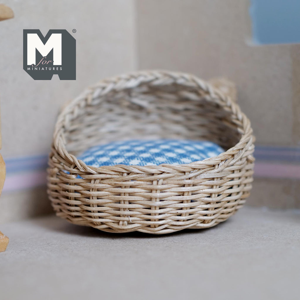 Miniature Wicker Pet Bed with Ears 1:12 Scale Dollhouse Basket Dog Bed Cat Bed 1-7/8 inch tall (beige) - B027