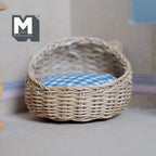 Miniature Wicker Pet Bed with Ears 1:12 Scale Dollhouse Basket Dog Bed Cat Bed 1-7/8 inch tall (beige) - B027