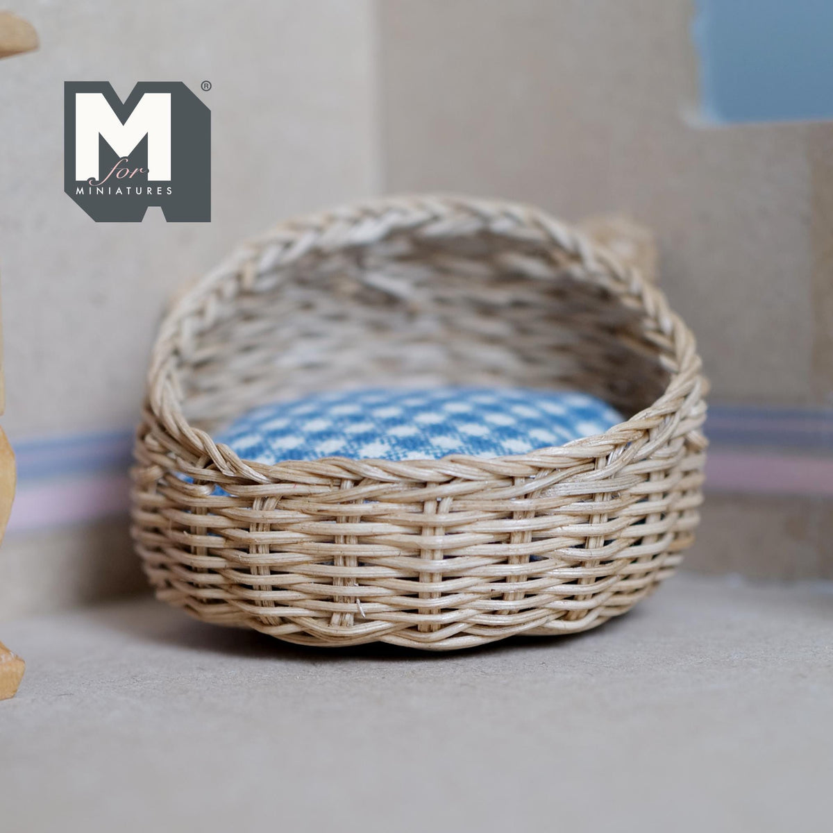 Miniature Wicker Pet Bed with Ears 1:12 Scale Dollhouse Basket Dog Bed Cat Bed 1-7/8 inch tall (beige) - B027