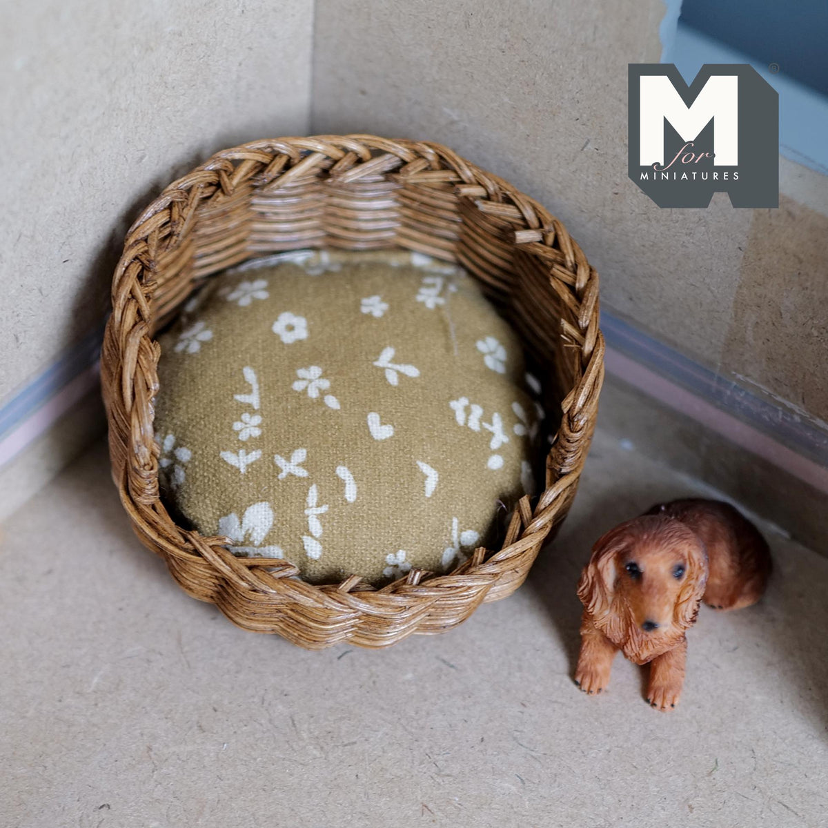 Miniature Wicker Pet Bed 1:12 Scale Dollhouse Basket Dog Bed Cat Bed 1-5/8 inch tall (brown) - B026