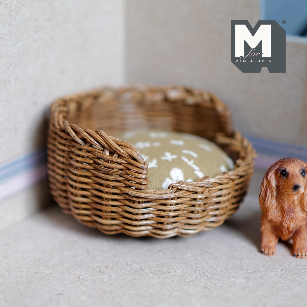 Miniature Wicker Pet Bed 1:12 Scale Dollhouse Basket Dog Bed Cat Bed 1-5/8 inch tall (brown) - B026