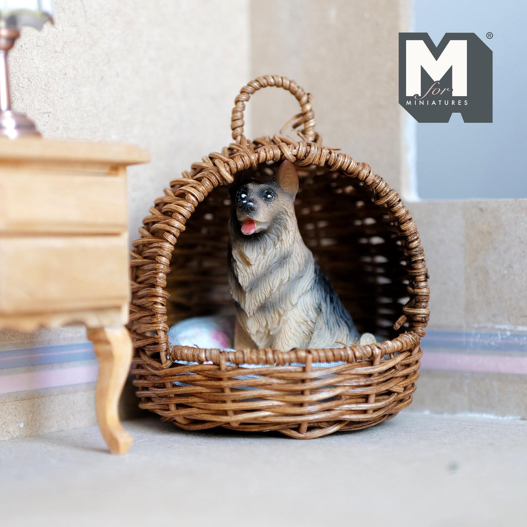 Miniature Hooded Wicker Pet Bed with Cushion and Lifting Handle 1:12 Scale Dog Bed Cat Bed 3-7/8 inch tall (brown) - B028