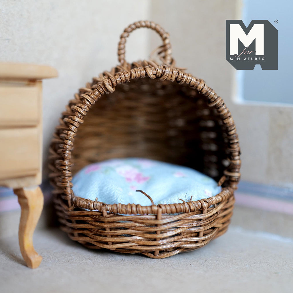 Miniature Hooded Wicker Pet Bed with Cushion and Lifting Handle 1:12 Scale Dog Bed Cat Bed 3-7/8 inch tall (brown) - B028