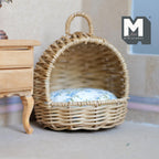 Miniature Hooded Wicker Pet Bed with Cushion and Lifting Handle 1:12 Scale Dog Bed Cat Bed 3-7/8 inch tall (beige) - B026