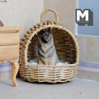 Miniature Hooded Wicker Pet Bed with Cushion and Lifting Handle 1:12 Scale Dog Bed Cat Bed 3-7/8 inch tall (beige) - B026