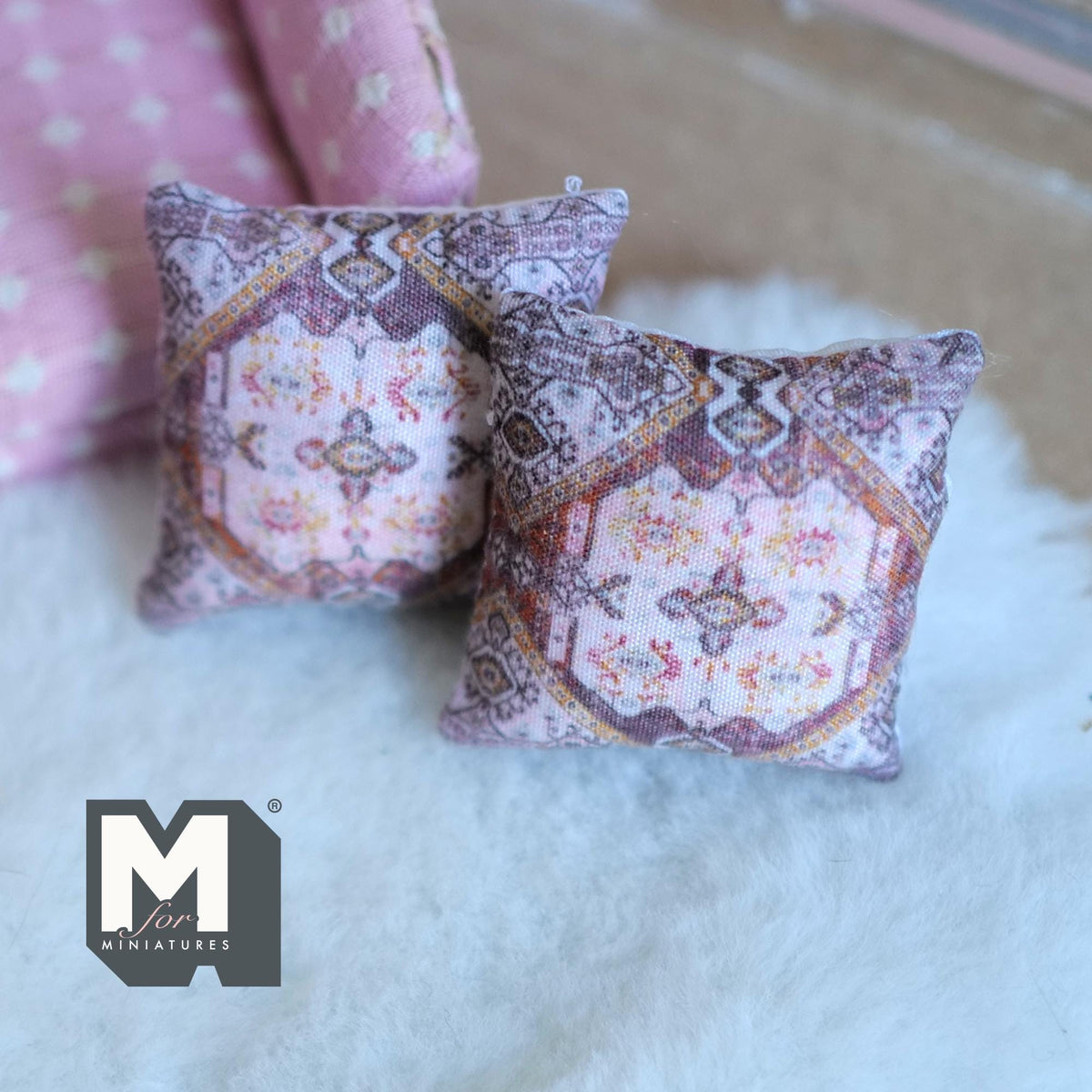 Miniature Cushion Set of 2 , 1:12 Scale Dollhouse Decor 1-9/6 inch wide (style c) - K030