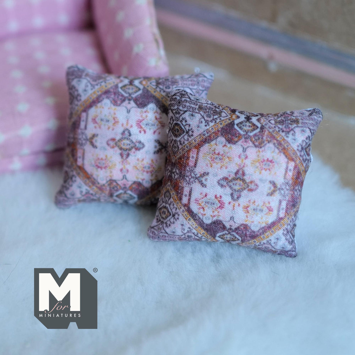 Miniature Cushion Set of 2 , 1:12 Scale Dollhouse Decor 1-9/6 inch wide (style c) - K030