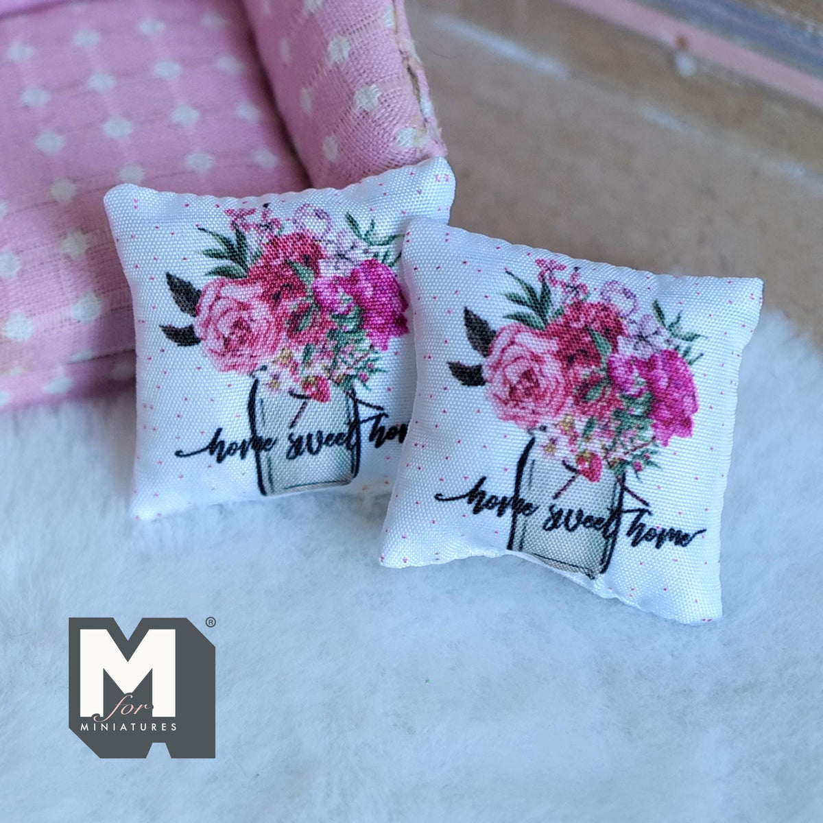 Miniature Flowers Home Sweet Home Cushion Set of 2 , 1:12 Scale Dollhouse Decor 1-9/6 inch wide (style e) - K030