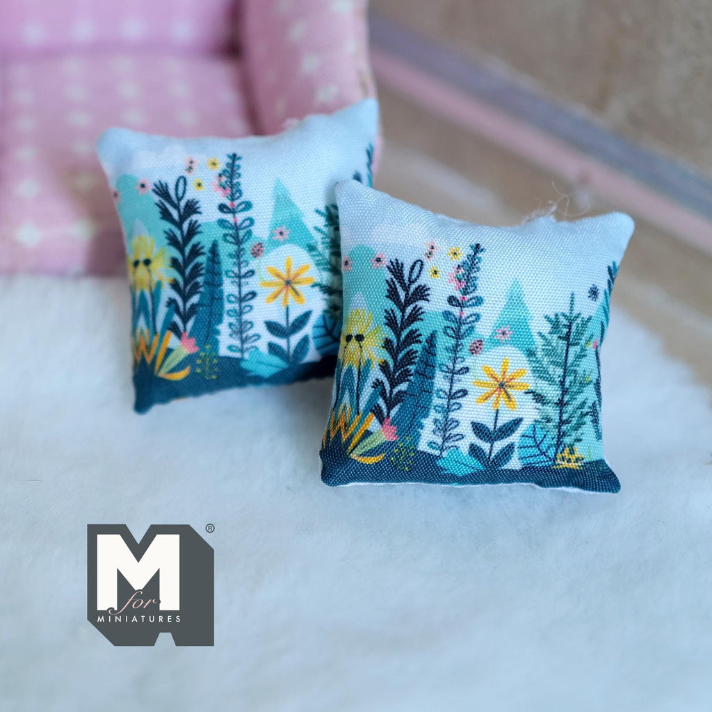 Miniature Trees and Flowers Cushion Set of 2 , 1:12 Scale Dollhouse Decor 1-9/6 inch wide (style h) - K030