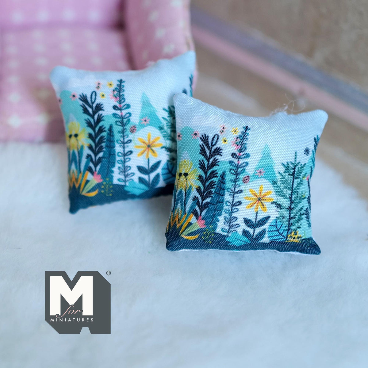 Miniature Trees and Flowers Cushion Set of 2 , 1:12 Scale Dollhouse Decor 1-9/6 inch wide (style h) - K030