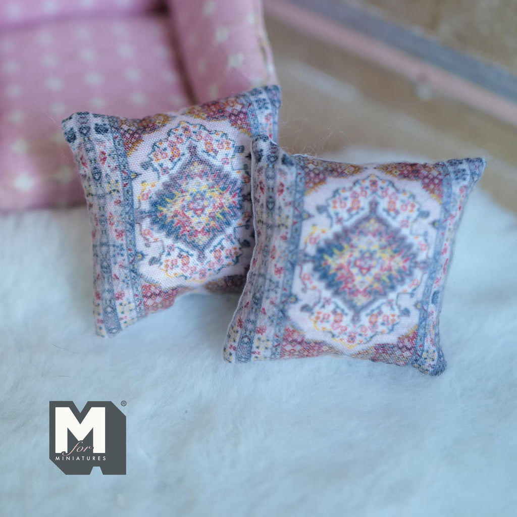 Miniature Cushion Set of 2 , 1:12 Scale Dollhouse Decor 1-9/6 inch wide (red) (style a) - K030