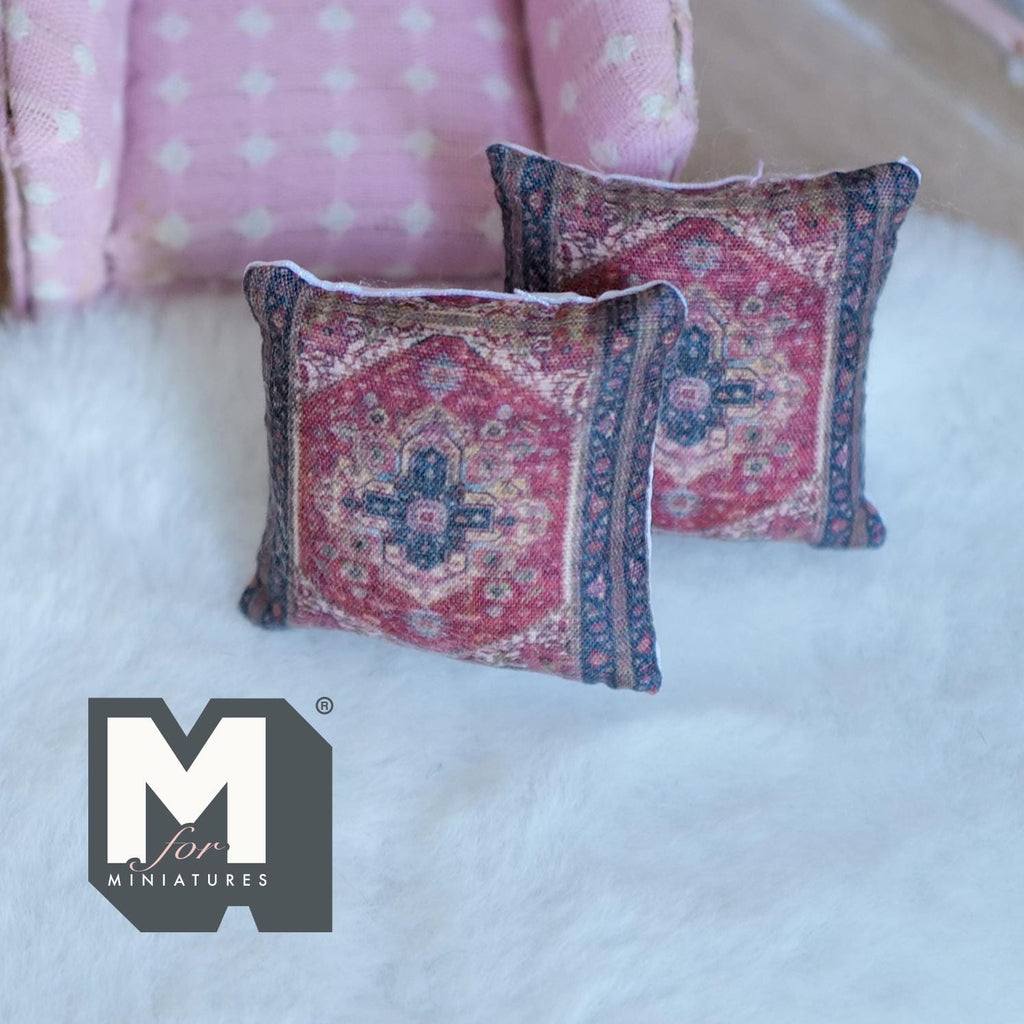 Miniature Cushion Set of 2 , 1:12 Scale Dollhouse Decor 1-9/6 inch wide (red) (style f) - K030