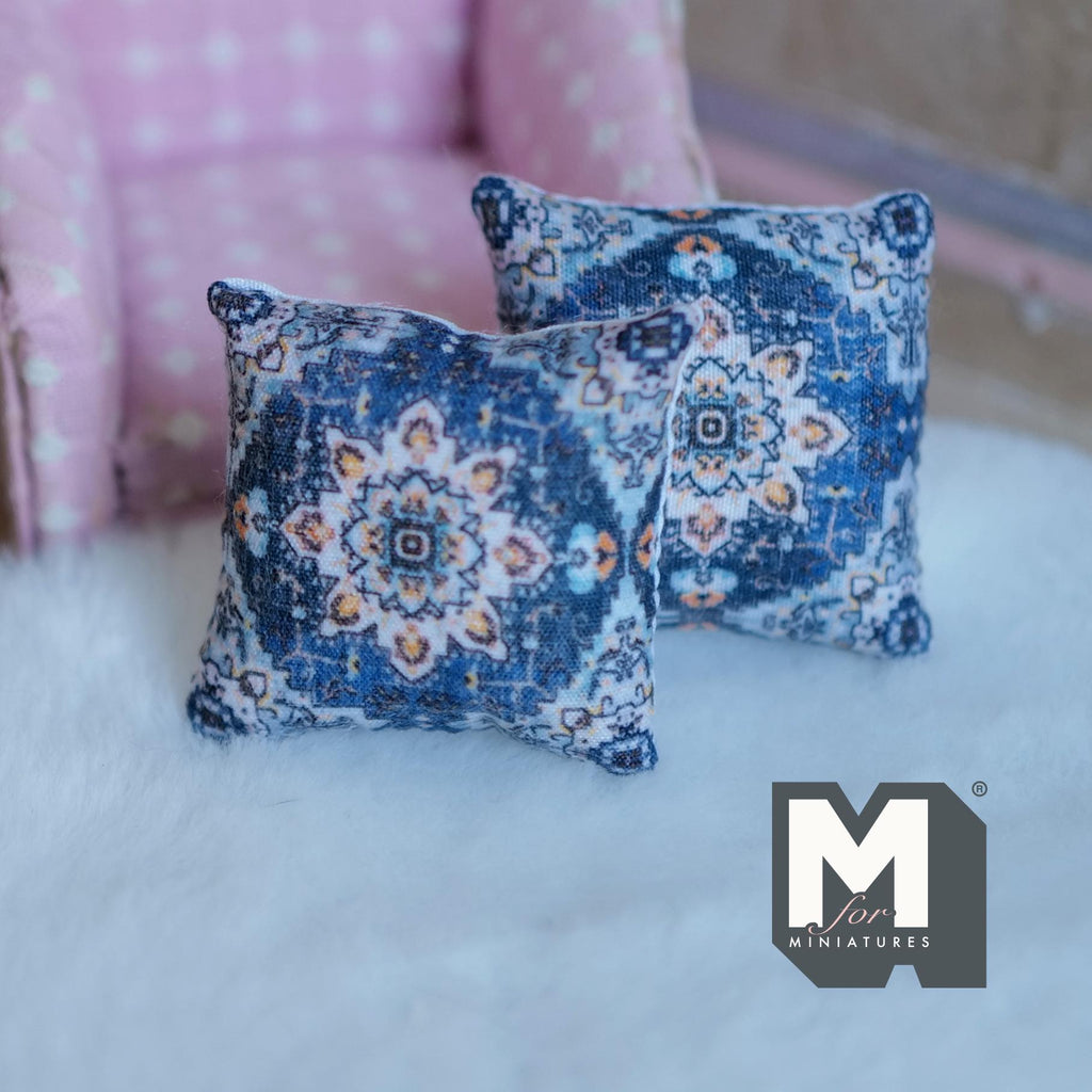 Miniature Cushion Set of 2 , 1:12 Scale Dollhouse Decor 1-9/6 inch wide (blue) (style g) - K030