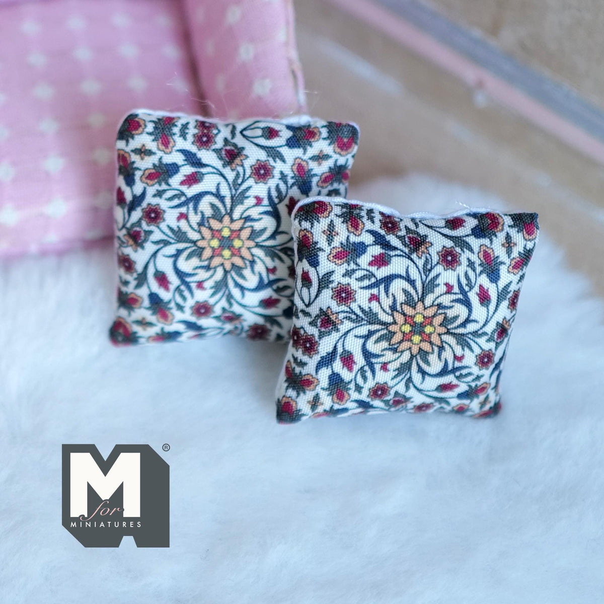 Miniature Flowers Themed Cushion Set of 2 , 1:12 Scale Dollhouse Decor 1-9/6 inch wide (style i) - K030