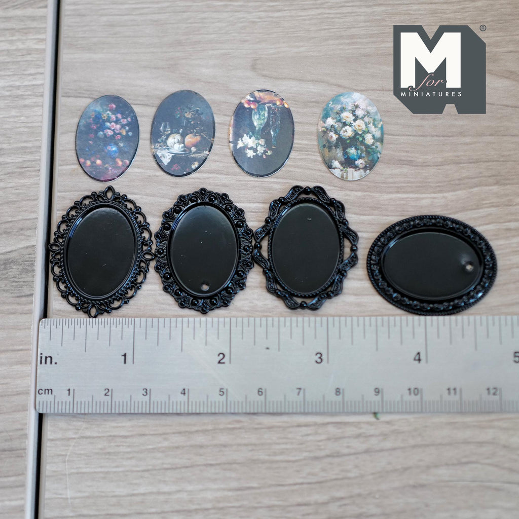Miniature Oval Flower Paintings Set of 4 , 1:12 Scale Dollhouse Decor Black Picture Frames 1-7/16 inch tall - F042