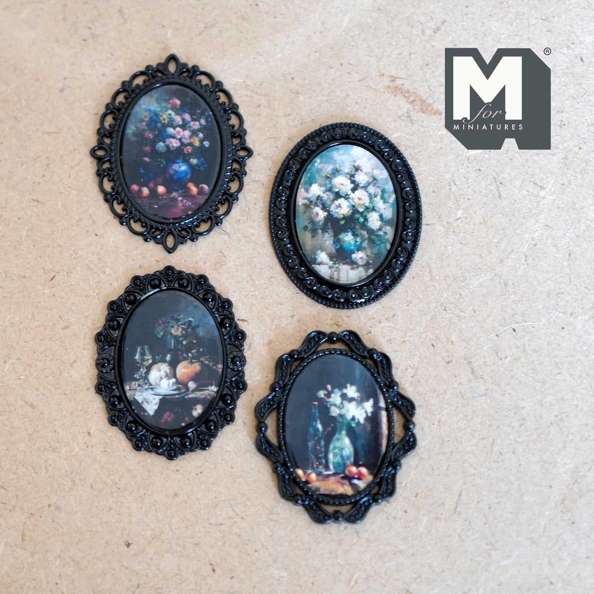 Miniature Oval Flower Paintings Set of 4 , 1:12 Scale Dollhouse Decor Black Picture Frames 1-7/16 inch tall - F042
