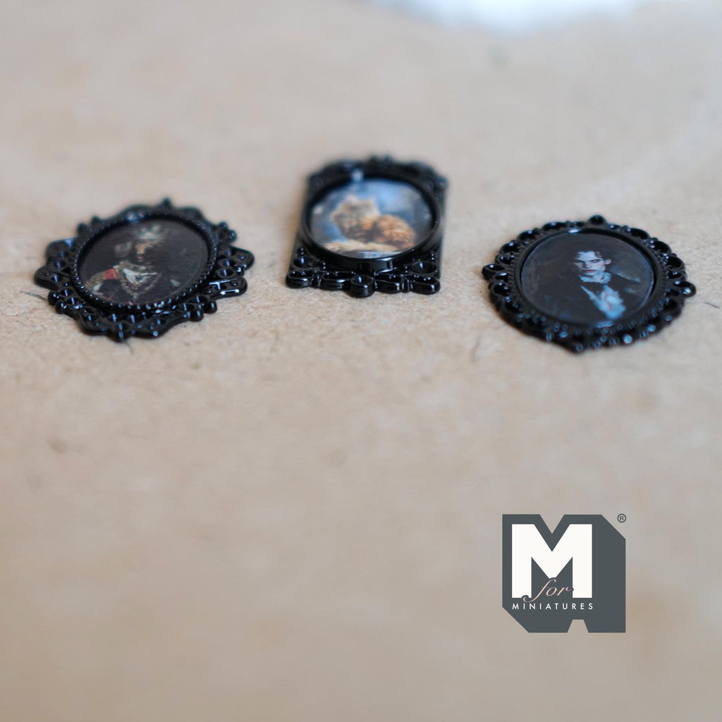 Miniature Oval Portraits Set of 3 , 1:12 Scale Dollhouse Dog Cat and Man Portraits Black Picture Frames 1-1/16 inch tall - F042