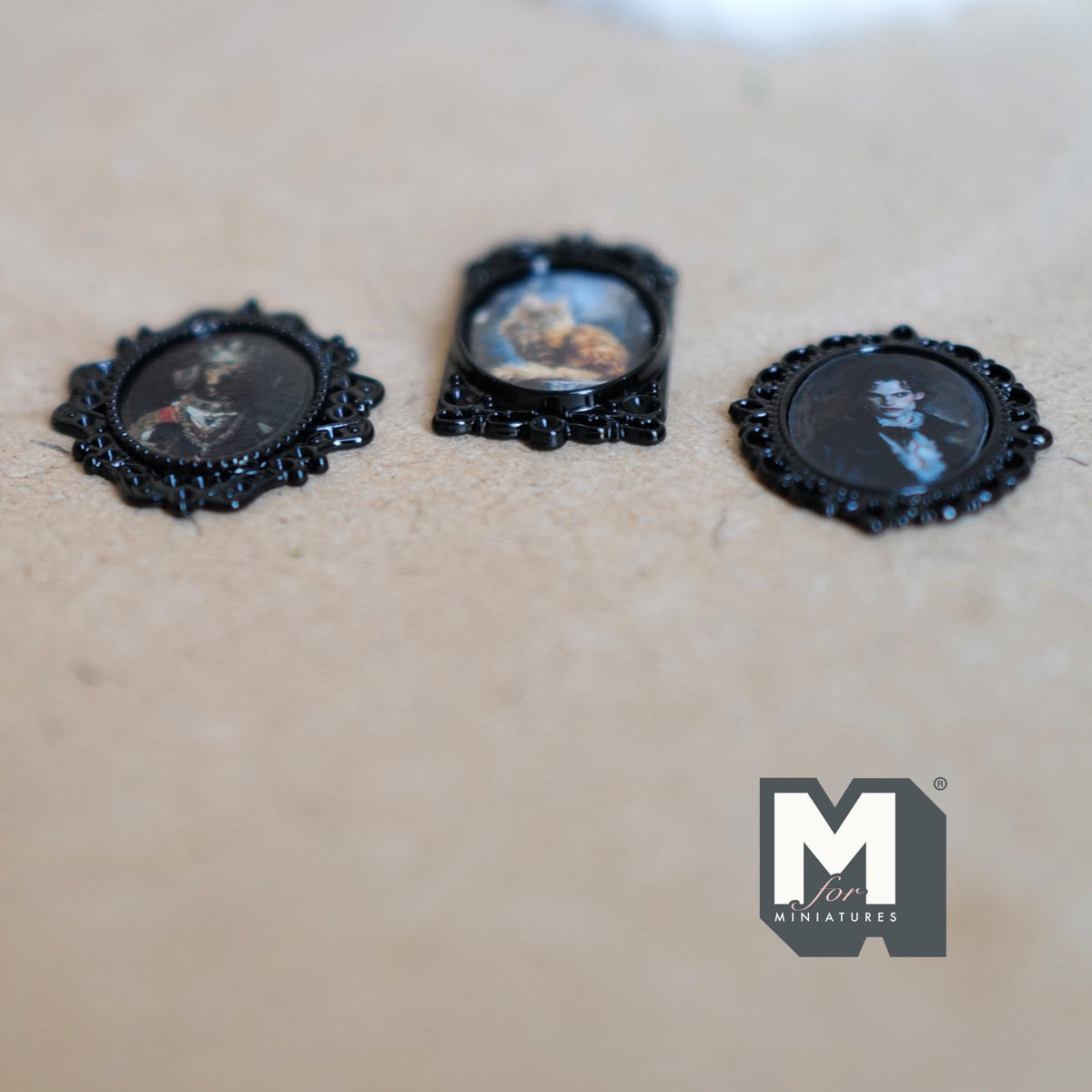Miniature Oval Portraits Set of 3 , 1:12 Scale Dollhouse Dog Cat and Man Portraits Black Picture Frames 1-1/16 inch tall - F042