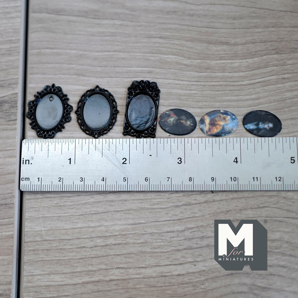 Miniature Oval Portraits Set of 3 , 1:12 Scale Dollhouse Dog Cat and Man Portraits Black Picture Frames 1-1/16 inch tall - F042