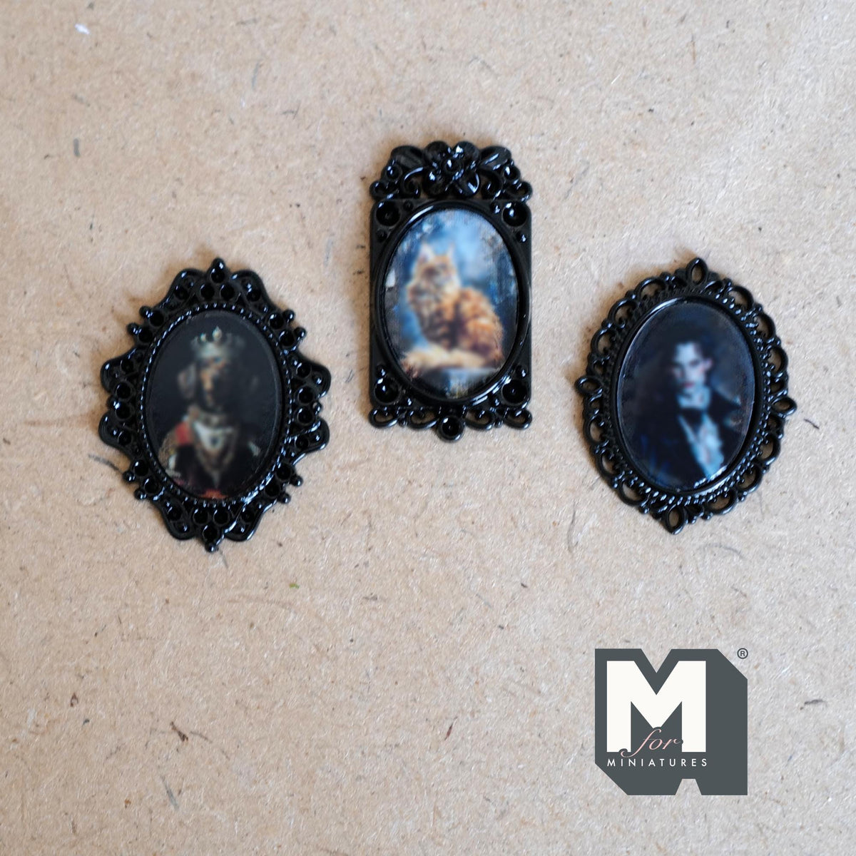 Miniature Oval Portraits Set of 3 , 1:12 Scale Dollhouse Dog Cat and Man Portraits Black Picture Frames 1-1/16 inch tall - F042