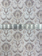 1:12 scale miniature floral damask peel and stick wallpaper in gray and beige with oval medallions, shown with a ruler