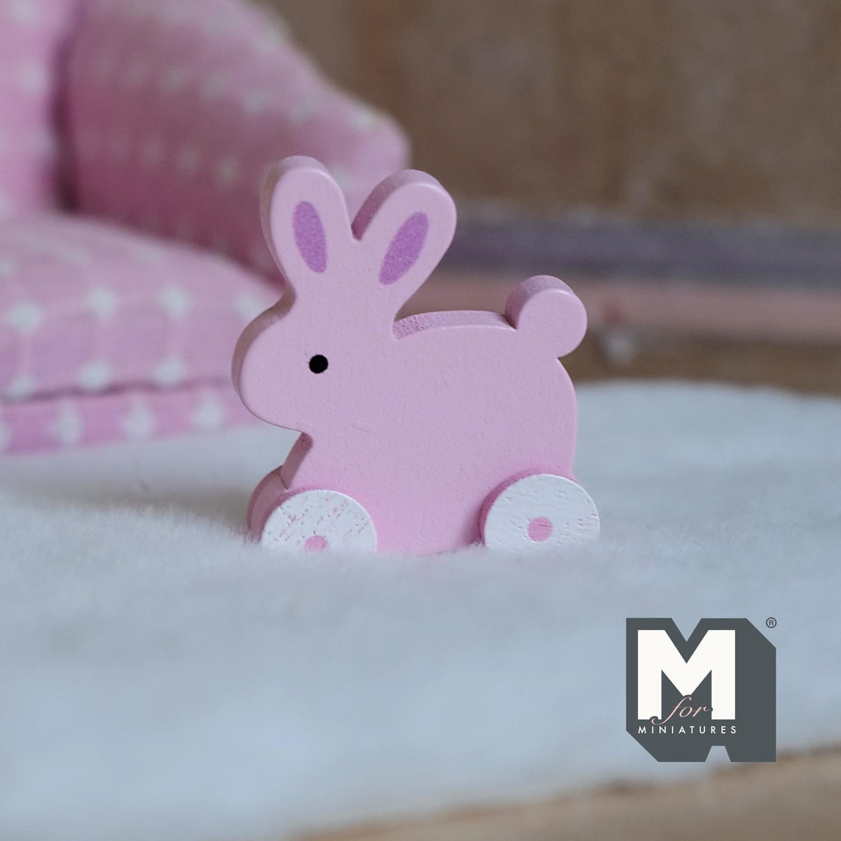 Miniature Bunny Pull Toy 1:12 Scale Dollhouse Nursery Decor Pull Along Rabbit 1-7/16 inch tall - G038