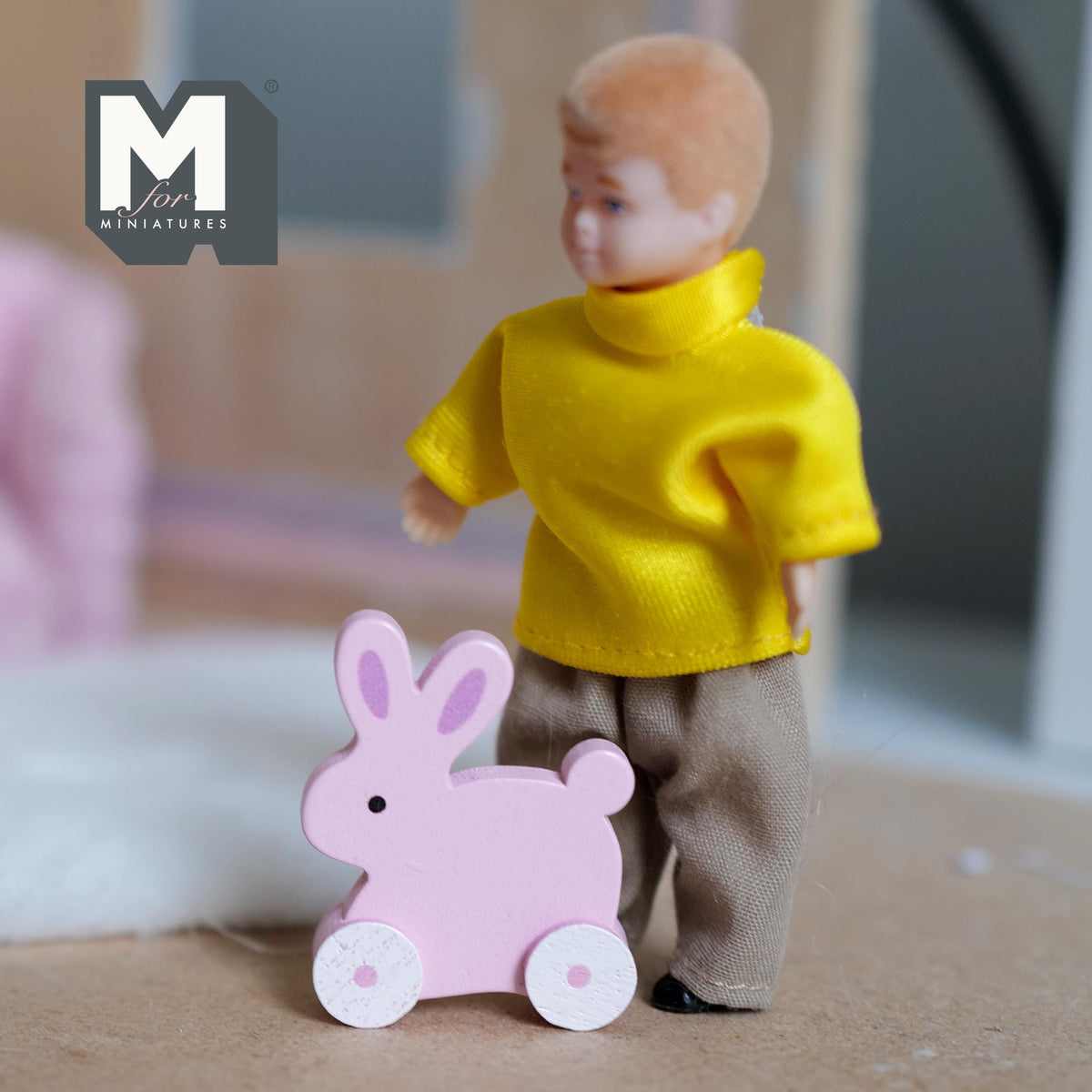 Miniature Bunny Pull Toy 1:12 Scale Dollhouse Nursery Decor Pull Along Rabbit 1-7/16 inch tall - G038