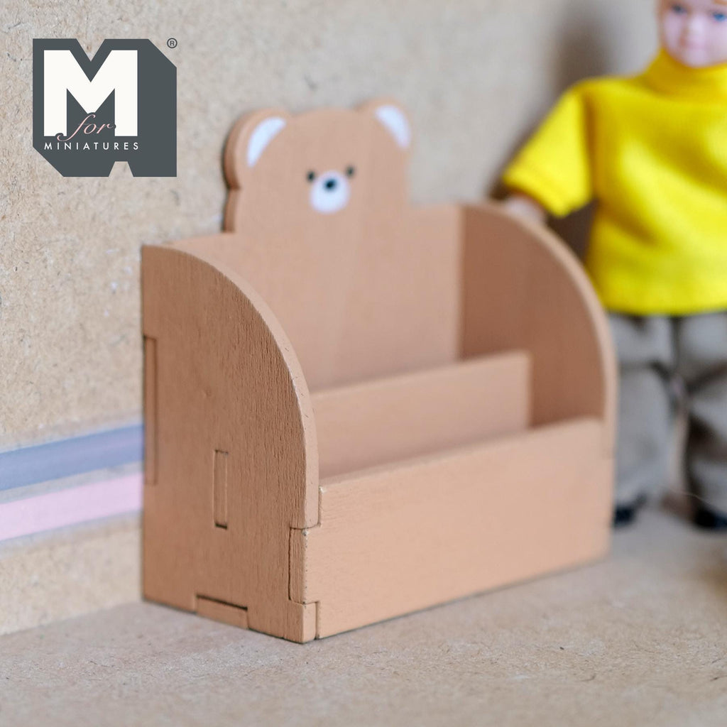 1:12 Scale Miniature Wood Bear 2 Tier Bookshelf Kit, Unassembled, 2-7/16 inch wide, DIY Dollhouse Supply (brown)